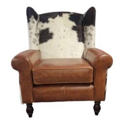 Cowhide Wingback Armchair Queen Anne Style Brown Leather Accent - thumbnail 2