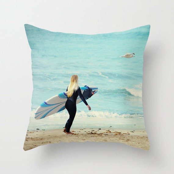 Surfer Girl Pillow - Case Ocean Beach Female Throw 16x16 18x18 20x20 Cover - image 1