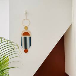 Rust Red & Teal Geometric Wall Hanging - Handmade Plywood Art - thumbnail 4