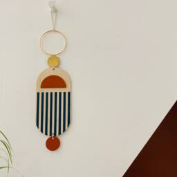 Rust Red & Teal Geometric Wall Hanging - Handmade Plywood Art - thumbnail 3