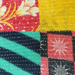 Handmade Floral Kantha Quilt, Twin Cotton Bedspread, Indian Bed Throw - thumbnail 4