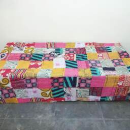 Handmade Floral Kantha Quilt, Twin Cotton Bedspread, Indian Bed Throw - thumbnail 2