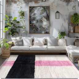 Authentic Modern Moroccan Rug - Pink, Black & White Shag Rug, Custom Made Berber Carpet, Large Area - thumbnail 2