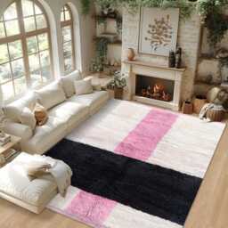Authentic Modern Moroccan Rug - Pink, Black & White Shag Rug, Custom Made Berber Carpet, Large Area - thumbnail 3