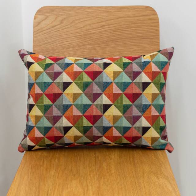 "Geometric Tapestry Double Sided Boudoir Cushion. Multicoloured Red Blue Green Yellow Triangular Harlequin Patten. 17""x12" - image 1