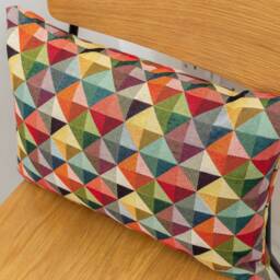 "Geometric Tapestry Double Sided Boudoir Cushion. Multicoloured Red Blue Green Yellow Triangular Harlequin Patten. 17""x12" - thumbnail 2