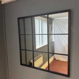 Black Window Wall Mirror, Large Rectangular Grid Panel Industrial Metal Frame Decor - thumbnail 2