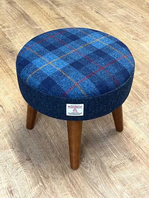 Blue Tartan & Navy Herringbone Harris Tweed Small Footstool With Varnished Wooden Legs - image 1