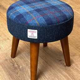Blue Tartan & Navy Herringbone Harris Tweed Small Footstool With Varnished Wooden Legs - thumbnail 3