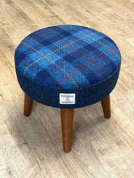 Blue Tartan & Navy Herringbone Harris Tweed Small Footstool With Varnished Wooden Legs