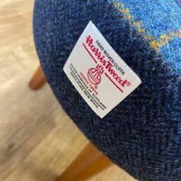 Blue Tartan & Navy Herringbone Harris Tweed Small Footstool With Varnished Wooden Legs - thumbnail 2