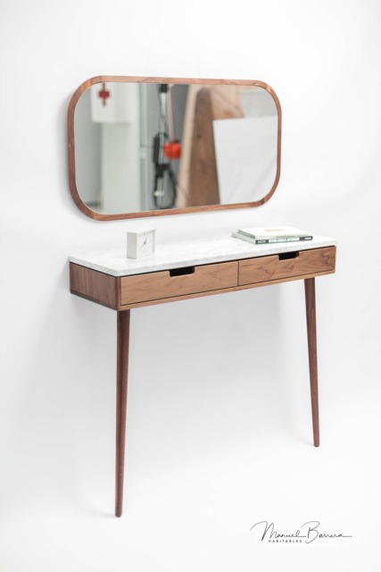 Console Hallway Table in Solid Wood & Marble Top, Floating Or With 2 Legs - image 1