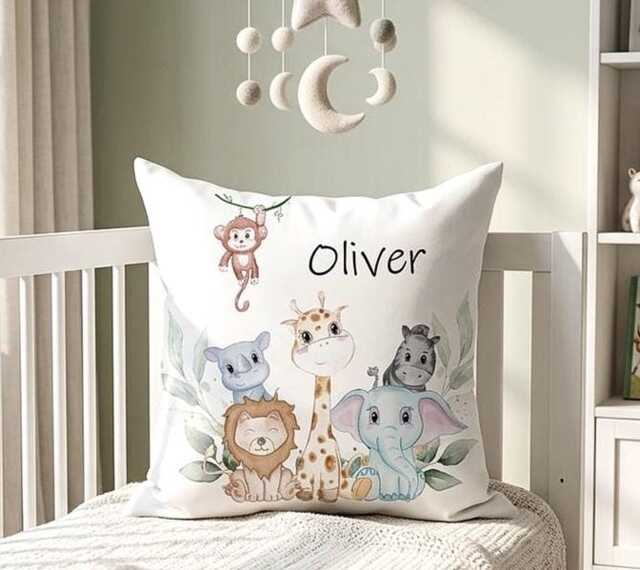 Personalised Safari Animal Pillow Kids Nursery Bedroom Jungle Decor - image 1