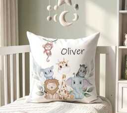 Personalised Safari Animal Pillow Kids Nursery Bedroom Jungle Decor - thumbnail 1