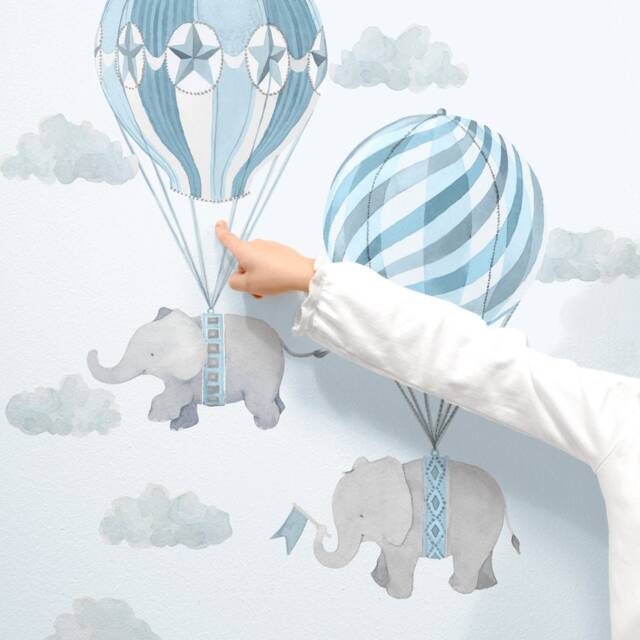 Up, Up & Away Hot Air Balloon Elephants - Blue Peel-And-stick Wall Decals Mej - image 1