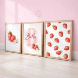 Personalised Strawberry Print Set - 3 Girls Bedroom Prints - Name Wall Art - thumbnail 1