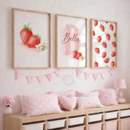 Personalised Strawberry Print Set - 3 Girls Bedroom Prints - Name Wall Art - thumbnail 2