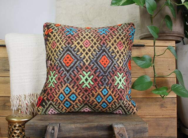 40cm - 16In Vintage Kilim Cushion Cover Handwoven - Authentic Pillow Hand Spun Wool Turkish Square - image 1