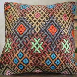 40cm - 16In Vintage Kilim Cushion Cover Handwoven - Authentic Pillow Hand Spun Wool Turkish Square - thumbnail 2