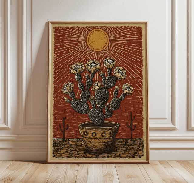 Cactus Sunburst Poster, Desert Floral Art Print, Southwestern Botanical Wall - image 1
