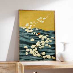 River Petals Poster, Abstract Floral Waves Art, Yellow & Teal Print - thumbnail 2