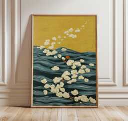 River Petals Poster, Abstract Floral Waves Art, Yellow & Teal Print - thumbnail 1