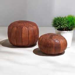 Handmade Moroccan Leather Pouf - Round Tan Berber Ottoman Footstool