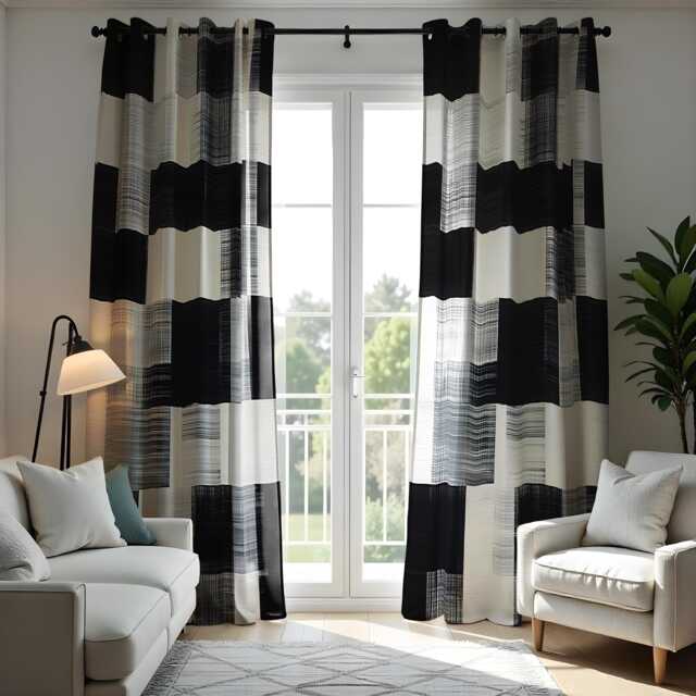 Modern Black & White Check Curtains, Minimalist Geometric Window Drapes, Contemporary Monochrome Curtain Panels For Living Room Or Bedroom - image 1