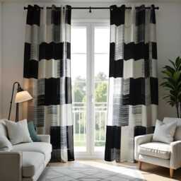 Modern Black & White Check Curtains, Minimalist Geometric Window Drapes, Contemporary Monochrome Curtain Panels For Living Room Or Bedroom - thumbnail 1