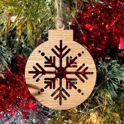 Wooden Snowflake Bauble Christmas Tree Decoration - Beautiful Xmas Ornament in Oak, Walnut Cherry Wood Or Silver, Gold, Red, Green Glitter - thumbnail 1
