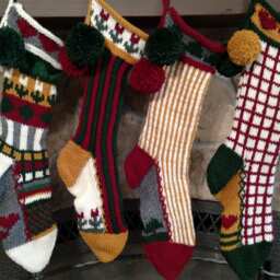 Hand Knit Christmas Stocking Burgundy Green Vertical Stripe Red Flower Detail Special - thumbnail 3