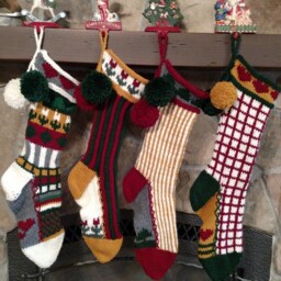 Hand Knit Christmas Stocking Burgundy Green Vertical Stripe Red Flower Detail Special - thumbnail 2