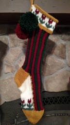 Hand Knit Christmas Stocking Burgundy Green Vertical Stripe Red Flower Detail Special