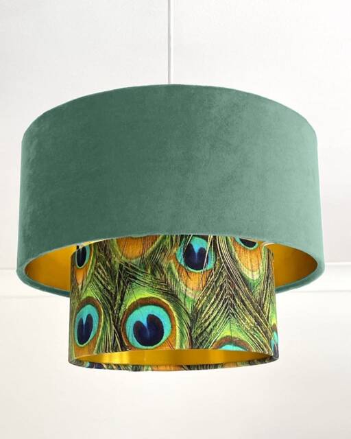 New Luxurious Handmade By Order Duck Egg Velvet & Peacock Feathers Print Two Tier Pendant Lamp Light Shade With Metallic Lining - image 1