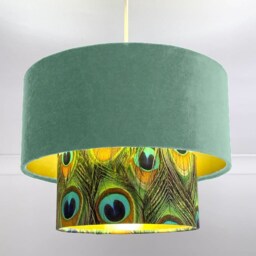 New Luxurious Handmade By Order Duck Egg Velvet & Peacock Feathers Print Two Tier Pendant Lamp Light Shade With Metallic Lining - thumbnail 2