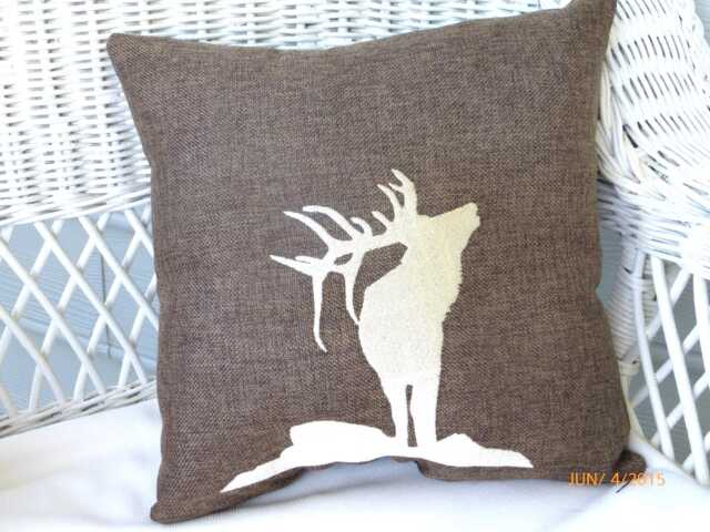 Embroidered Elk Pillow Brown Burlap Wildlife Cushion - image 1