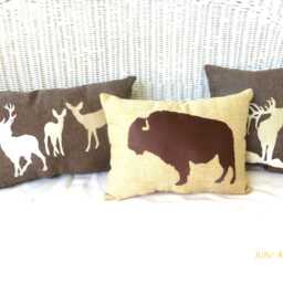 Embroidered Elk Pillow Brown Burlap Wildlife Cushion - thumbnail 4