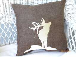 Embroidered Elk Pillow Brown Burlap Wildlife Cushion - thumbnail 1