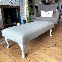 Shabby Chic Footstool Grey Lime Check Wool-Effect Ottoman Bench
