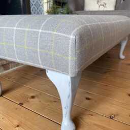 Shabby Chic Footstool Grey Lime Check Wool-Effect Ottoman Bench - thumbnail 2