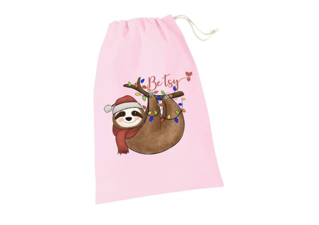 Personalized Pink Cotton Santa Sack Sloth With Christmas Lights