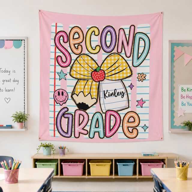 Personalized Second Grade Stripes Shirt, Custom Bow Pencil Tapestry, Teacher Name Coquette Wall Hanging Gift - image 1