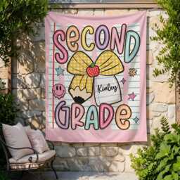 Personalized Second Grade Stripes Shirt, Custom Bow Pencil Tapestry, Teacher Name Coquette Wall Hanging Gift - thumbnail 3