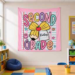 Personalized Second Grade Stripes Shirt, Custom Bow Pencil Tapestry, Teacher Name Coquette Wall Hanging Gift - thumbnail 2