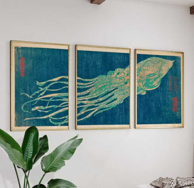 Teal Squid Japanese Style Posters Set Of 3 - Ocean Animal Woodblock Wall Art - image 1