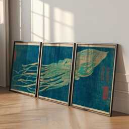 Teal Squid Japanese Style Posters Set Of 3 - Ocean Animal Woodblock Wall Art - thumbnail 3