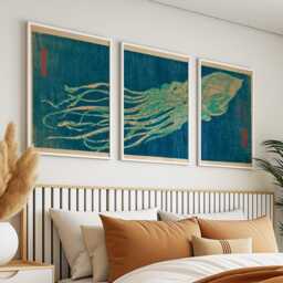 Teal Squid Japanese Style Posters Set Of 3 - Ocean Animal Woodblock Wall Art - thumbnail 2