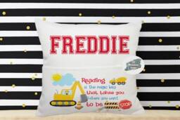 Personalised Kids Pocket Book Cushion, Vehicle Construction Design