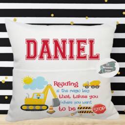 Personalised Kids Pocket Book Cushion, Vehicle Construction Design - thumbnail 3