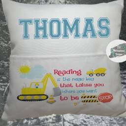 Personalised Kids Pocket Book Cushion, Vehicle Construction Design - thumbnail 2